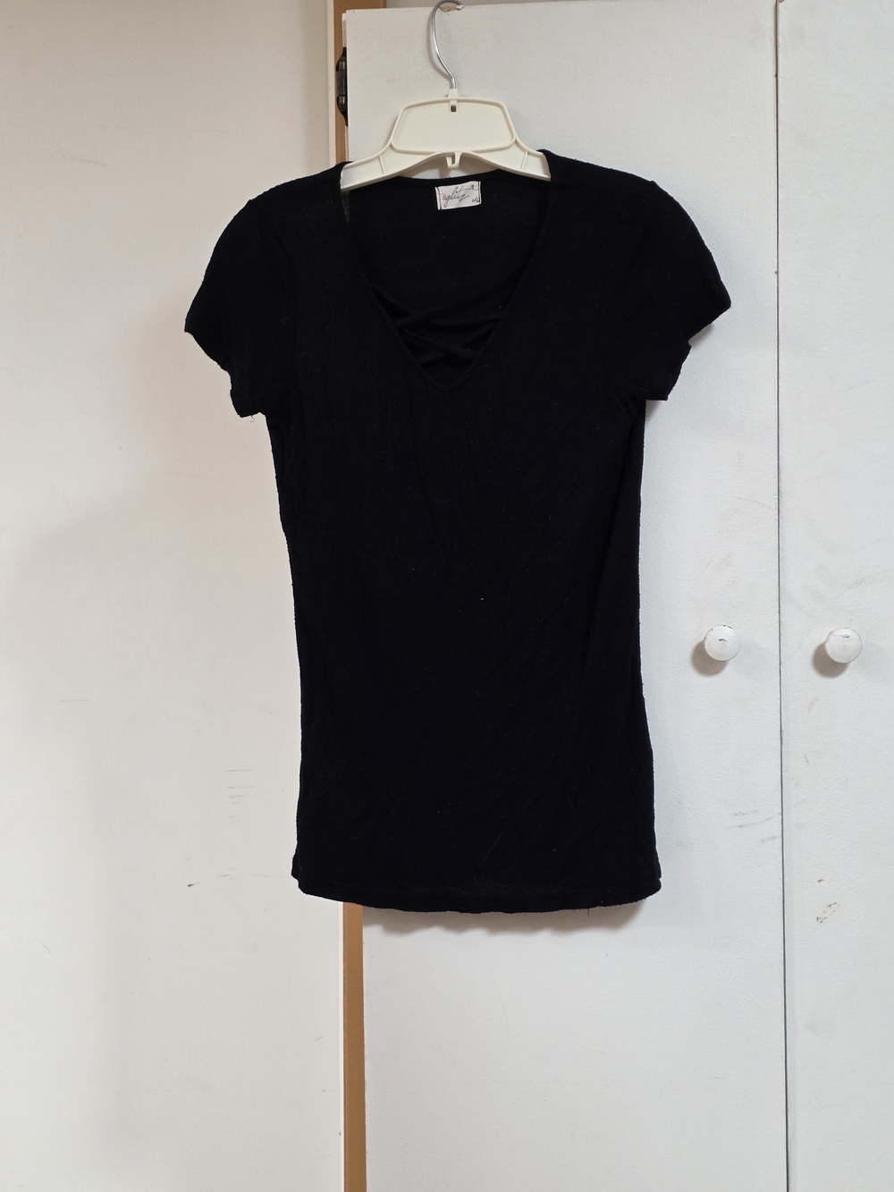 Glitz Black Short-Sleeve V-Neck Top with Crisscross Detail